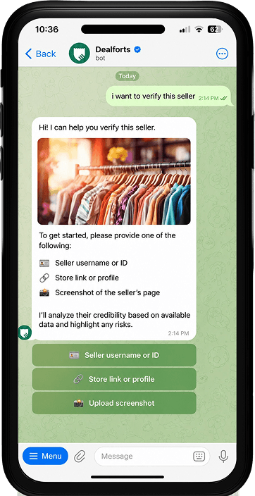 Telegram illustrative chat frame, not a live verification result