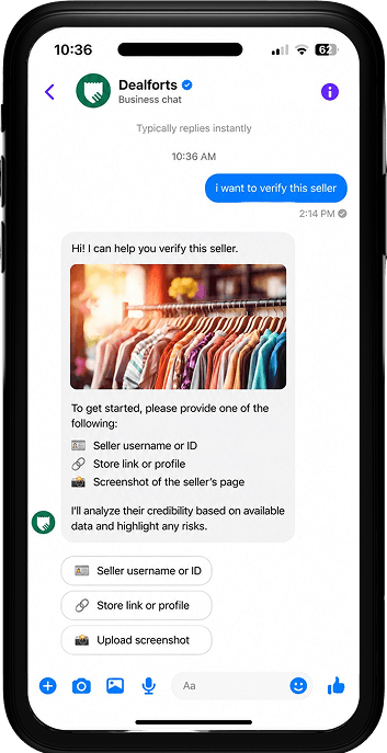 Facebook illustrative chat frame, not a live verification result